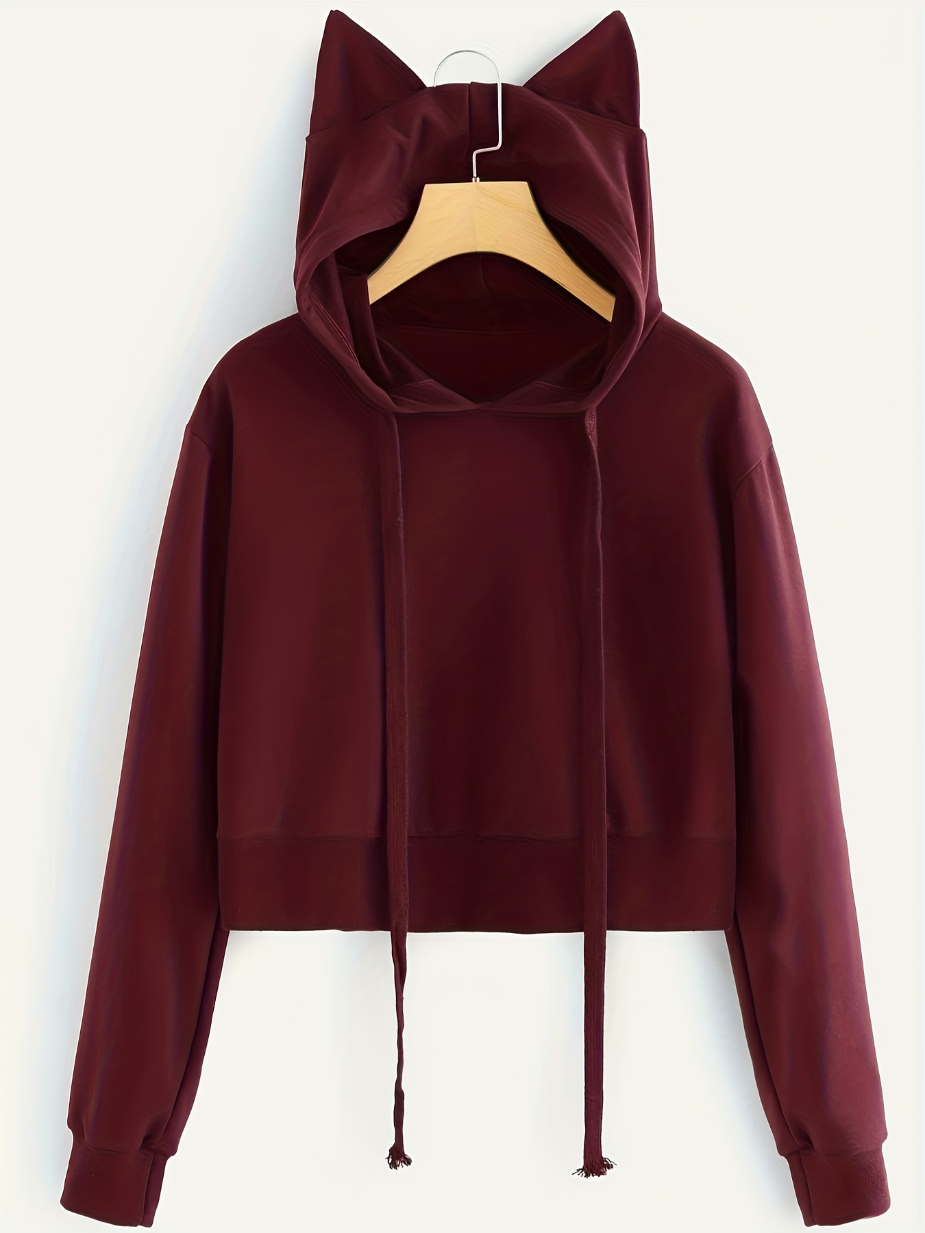 Solid Color Crop Hoodie, Long Sleeve Drop Shoulder Fashion Crop Drawstring  Hooded Sweatshirt, Women's Clothing