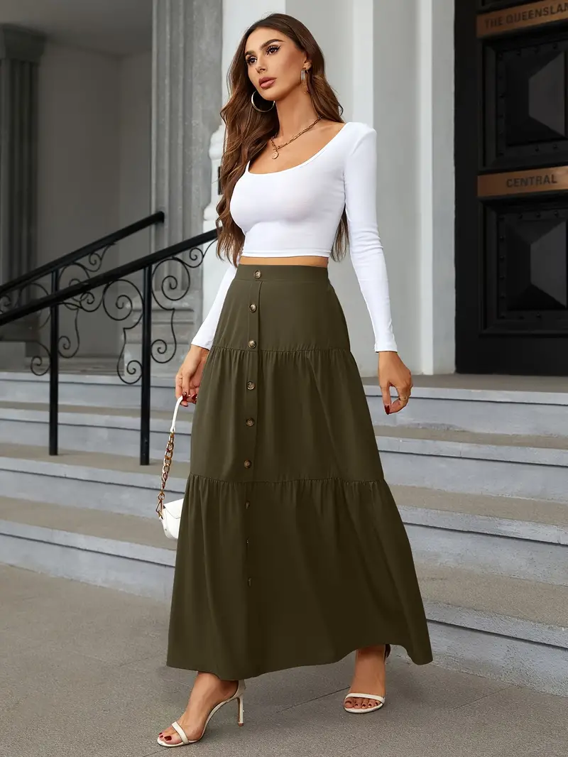 high waist tiered skirts casual solid button front maxi skirts womens clothing details 12