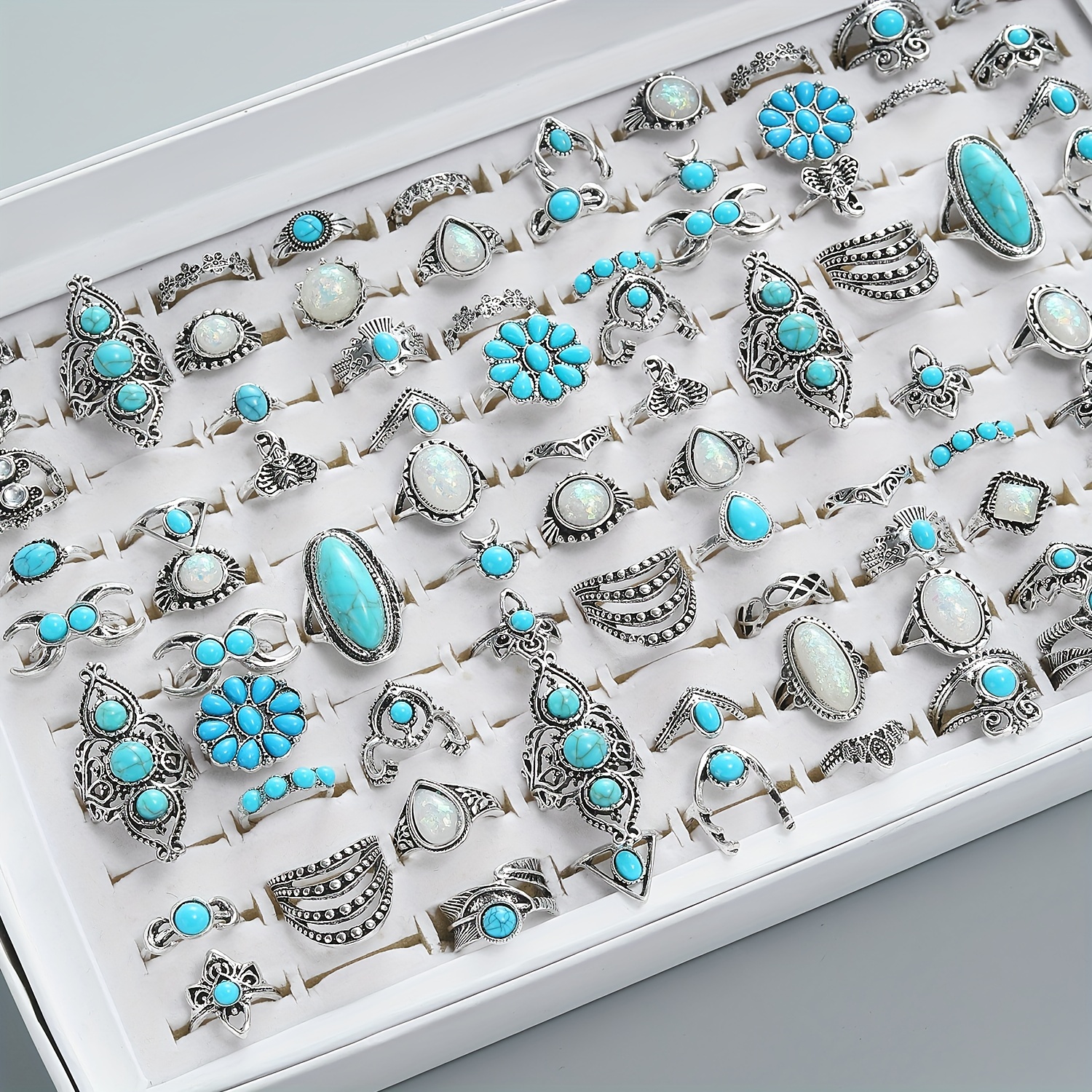 

40pcs Boho Style Ring Set Inlaid Turquoise Trendy Flower/ Elk/ Eagle Design Mix And Match For Daily Outfits Blind Bag With Uncertain Styles