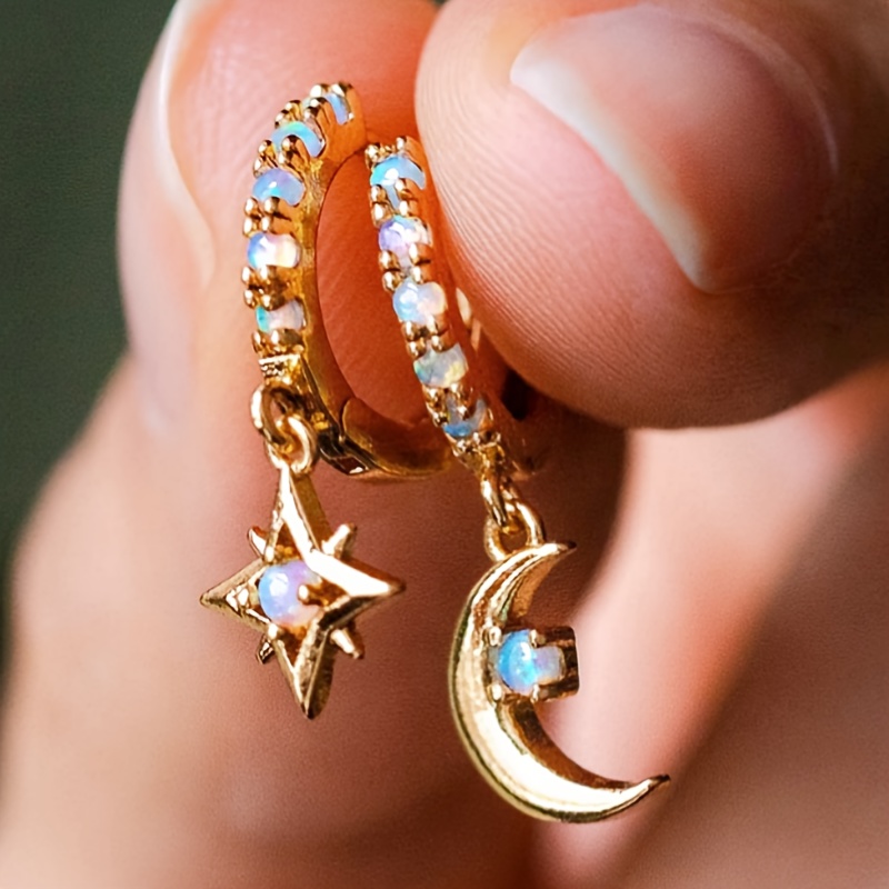 

Exquisite Asymmetric Moon Star Pendant Hoop Earrings Moonstone Inlaid 18k Plated Jewelry Elegant Female Earrings