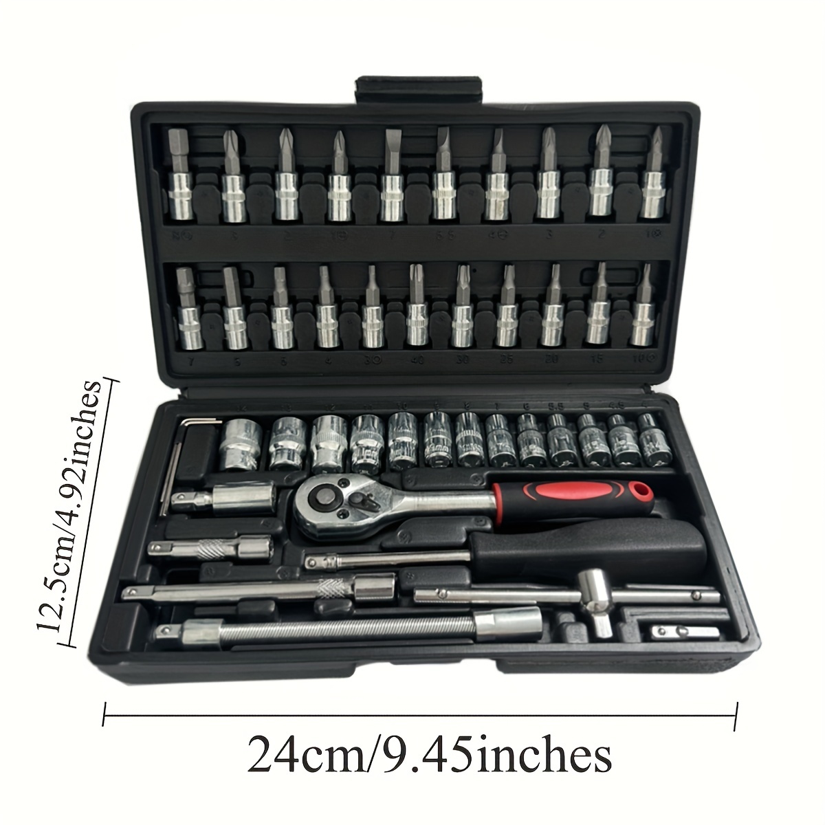 Kit de herramientas mecánicas de 46 piezas, juego de llaves de trinquete de  1/4 pulgadas con estuche de almacenamiento, incluye enchufes de punta y