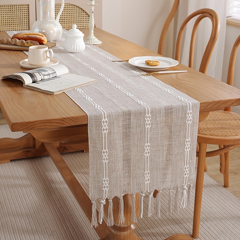 Chemin de table en macramé, chemin de table Boho en coton et lin avec  pompons, nappe