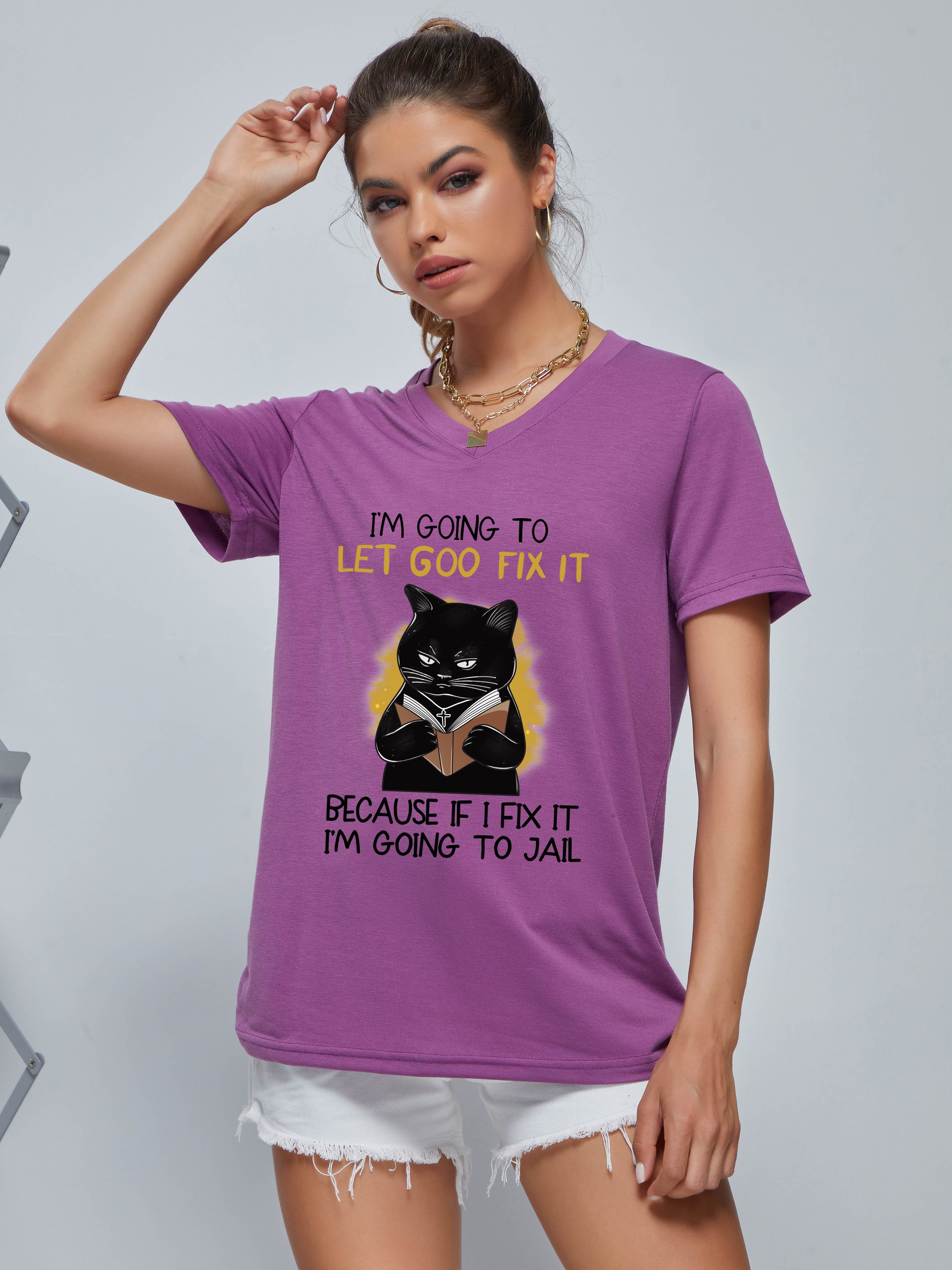 Cartoon Black Cat Print Loose Short Sleeve T shirt Sports - Temu
