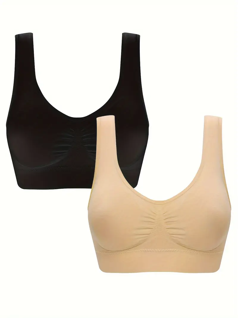 2 Pack Plus Size Sports Bras Set, Women's Plus Solid Wireless Breathable  Seamless High Stretch Yoga Bra 2pcs Set