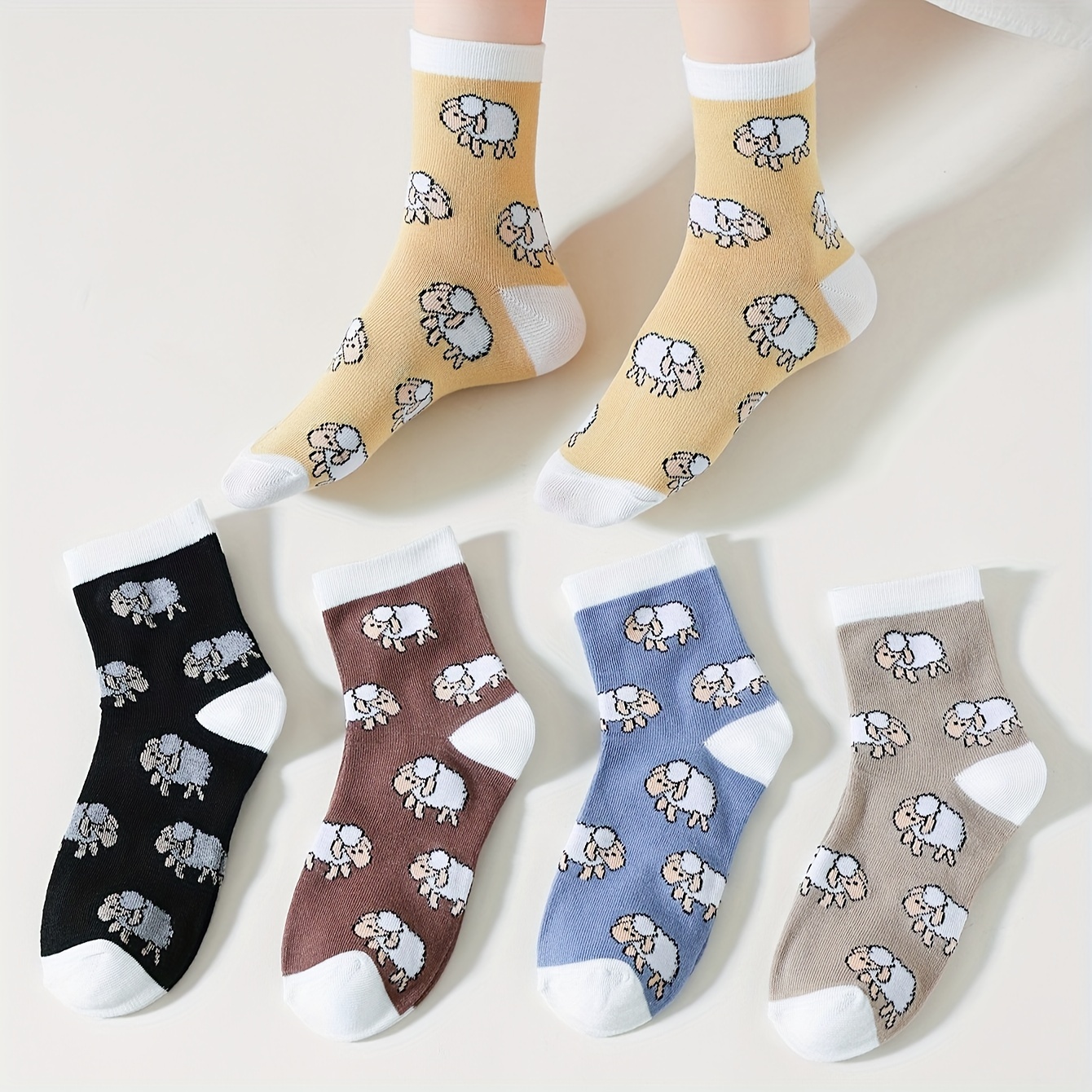 

5 Pairs Sheep Pattern Socks, Cute & Breathable Mid Tube Socks, Women's Stockings & Hosiery