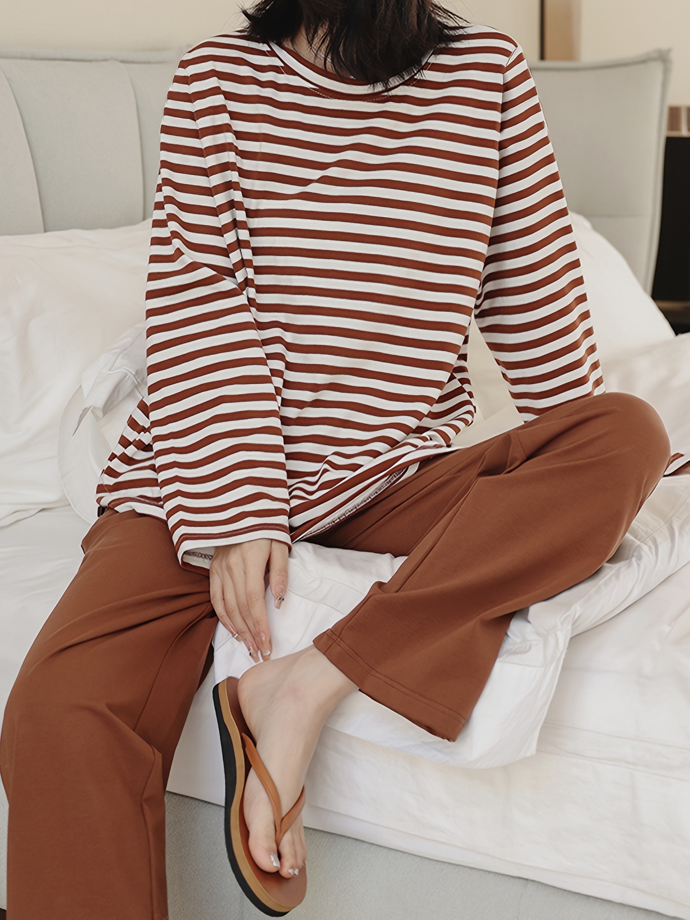 Women's Sleepwear Striped Print Comfortable Long Sleeve - Temu
