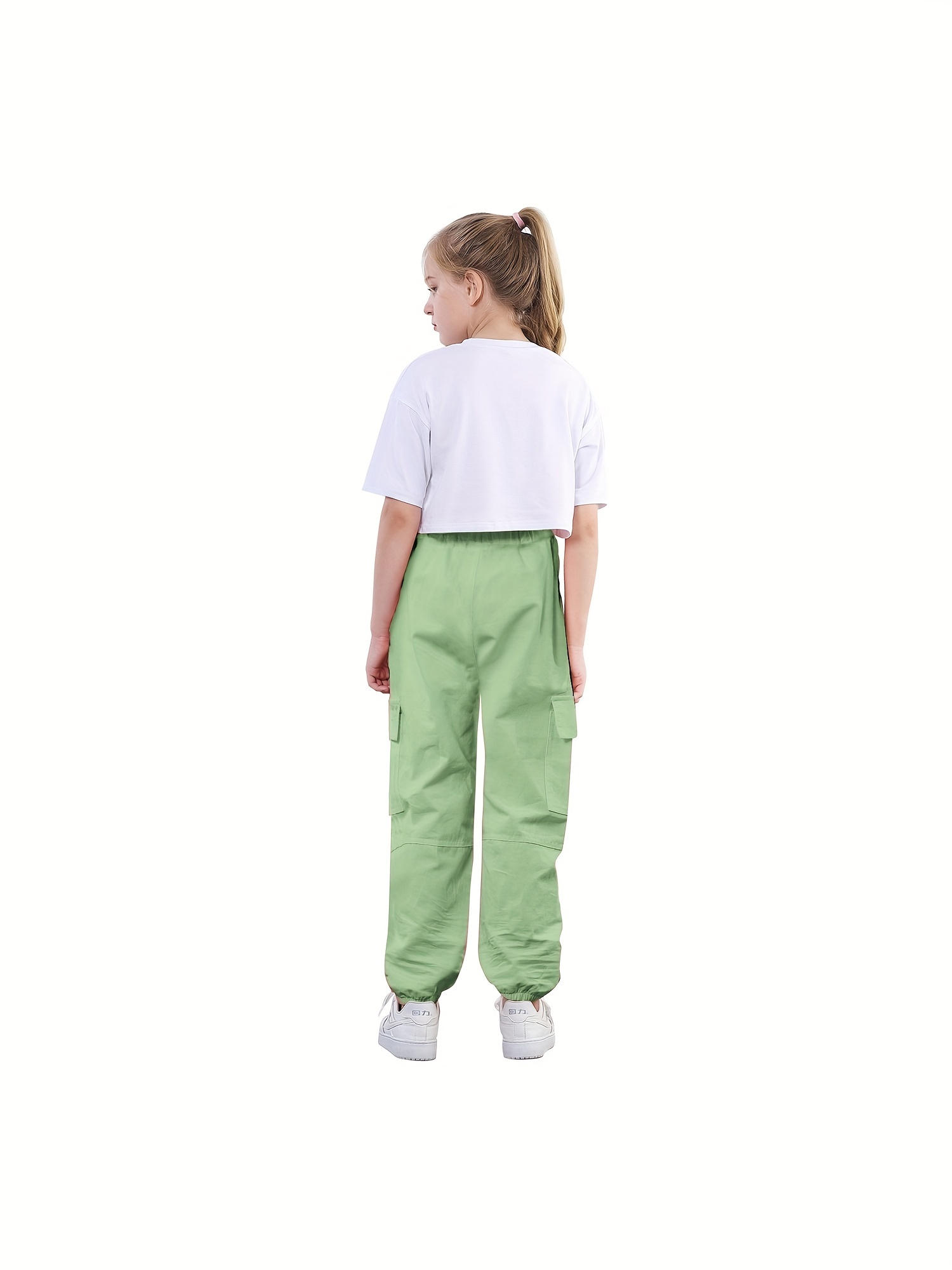  Cute Clothes For Teen Girls, Long Sleeve White Crop Tops Tee  Shirts + Green Cargo Jogger Pants Outfits 2pcs Clothes Set, 7-8 Years Tag  140