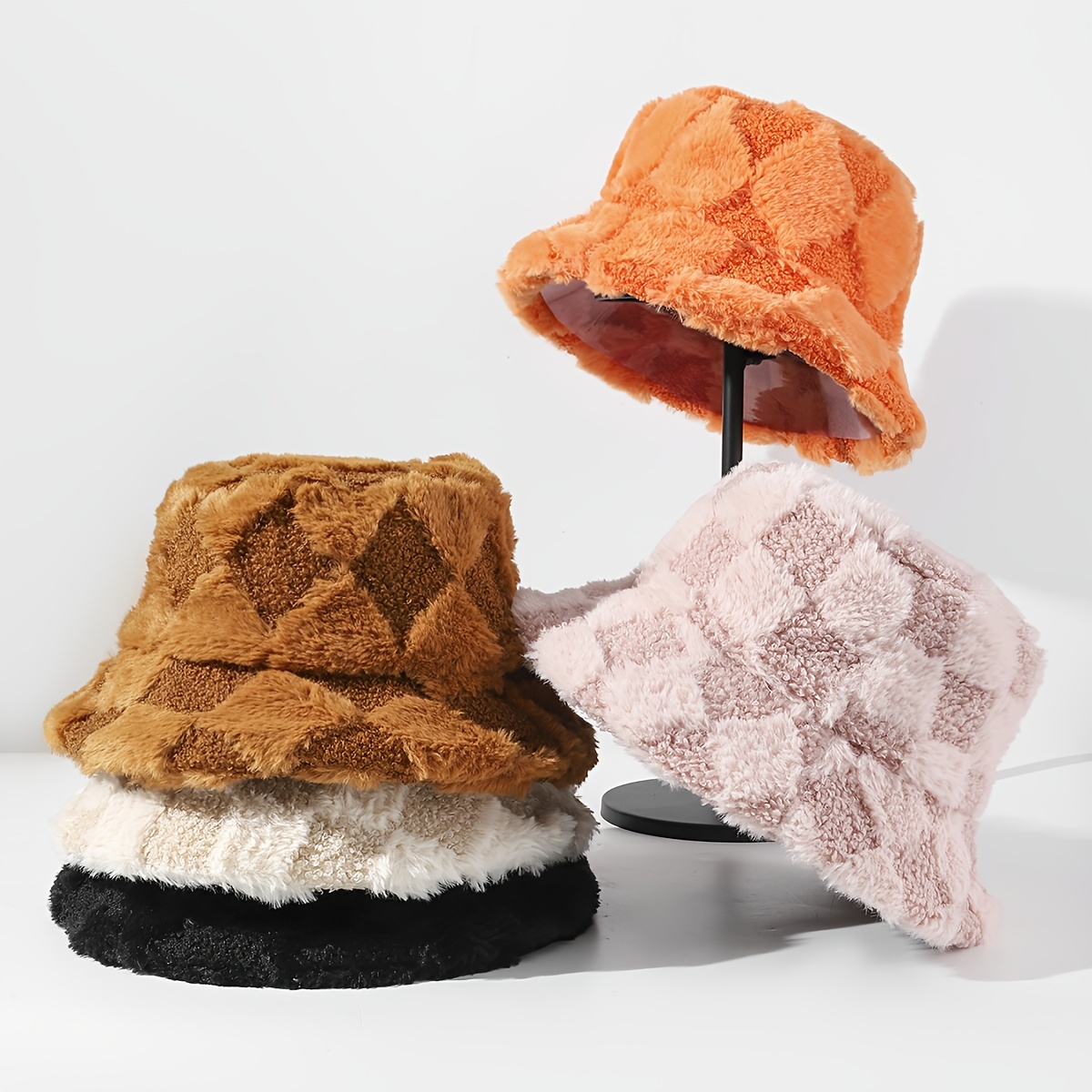 Trendy Checkered Fuzzy Bucket Hat For Women Classic Candy Color Plush Warm Basin Hats Thick Coldproof Fisherman Colour