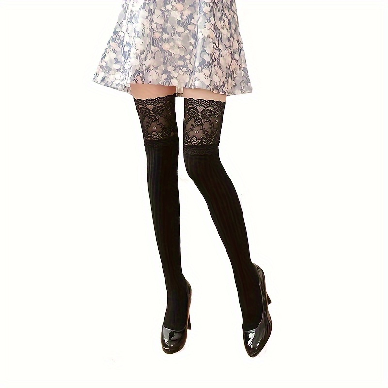 White Floral Lace Stockings With Lace Top