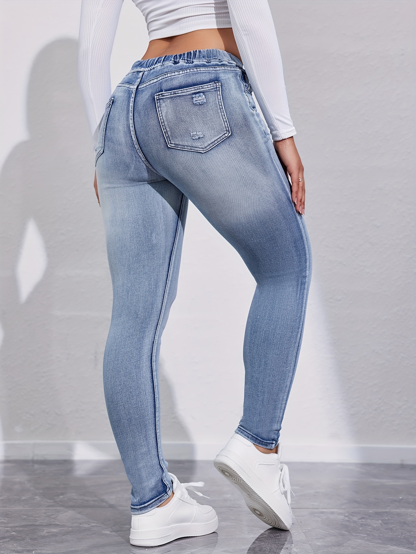 ISKADO Vintage High Elastic Waist Skinny Jeans Women's Plus Size  Fashionable Drawstring Slim Fit Denim Pants Black Grey Pencil Pants Womens  Ankle Pants (Color : Blue grey, Size : 28(45kg-50kg)): Buy Online