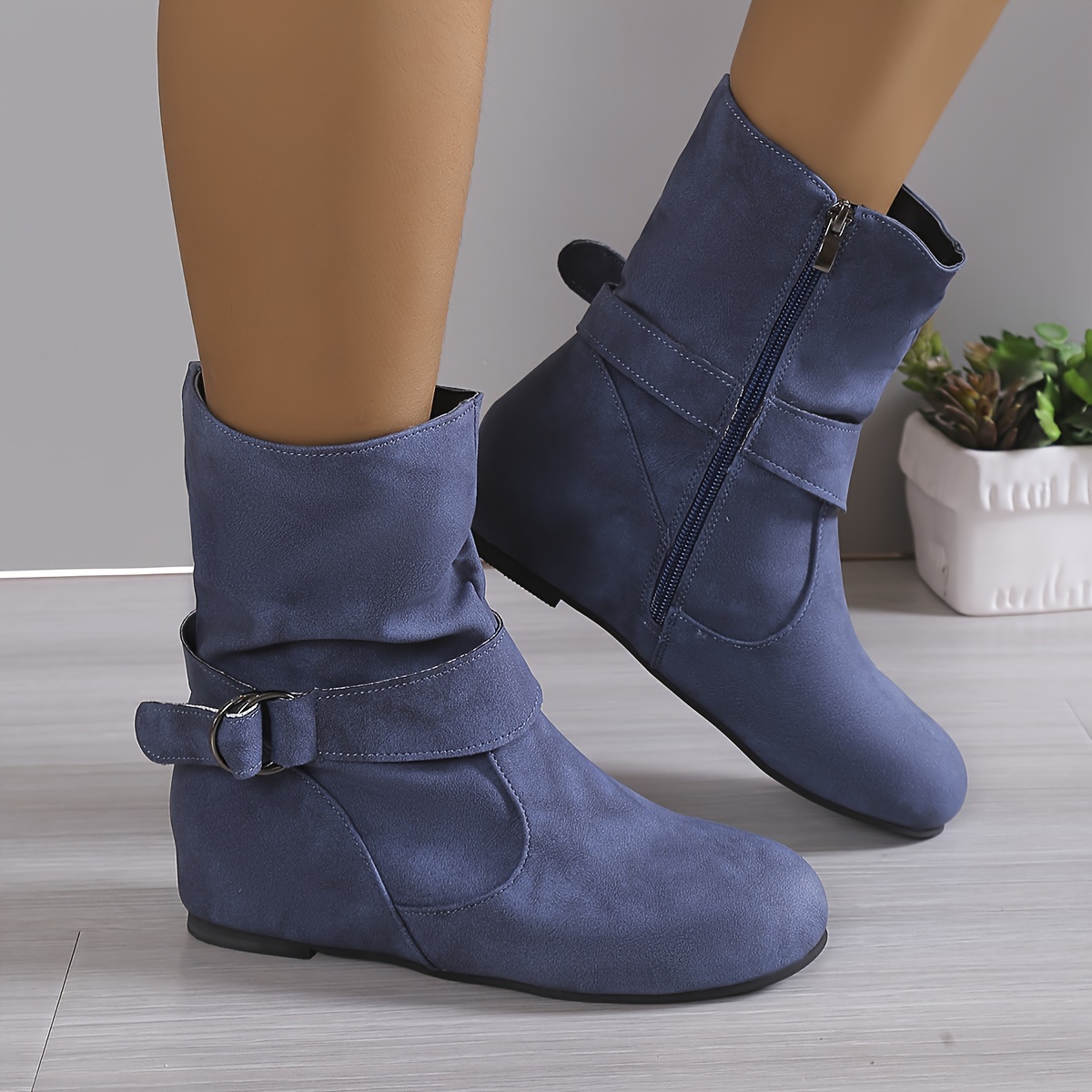 women' color short boots round toe strap side - Temu