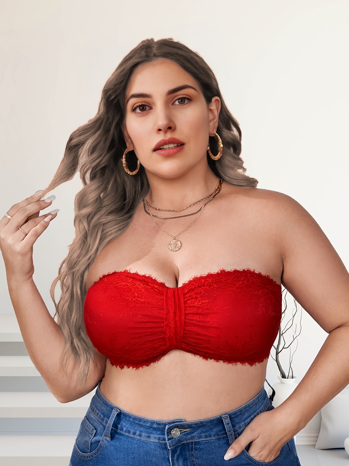 Plus Size Contrast Lace Ruched Front Solid Tube Bra Women's - Temu