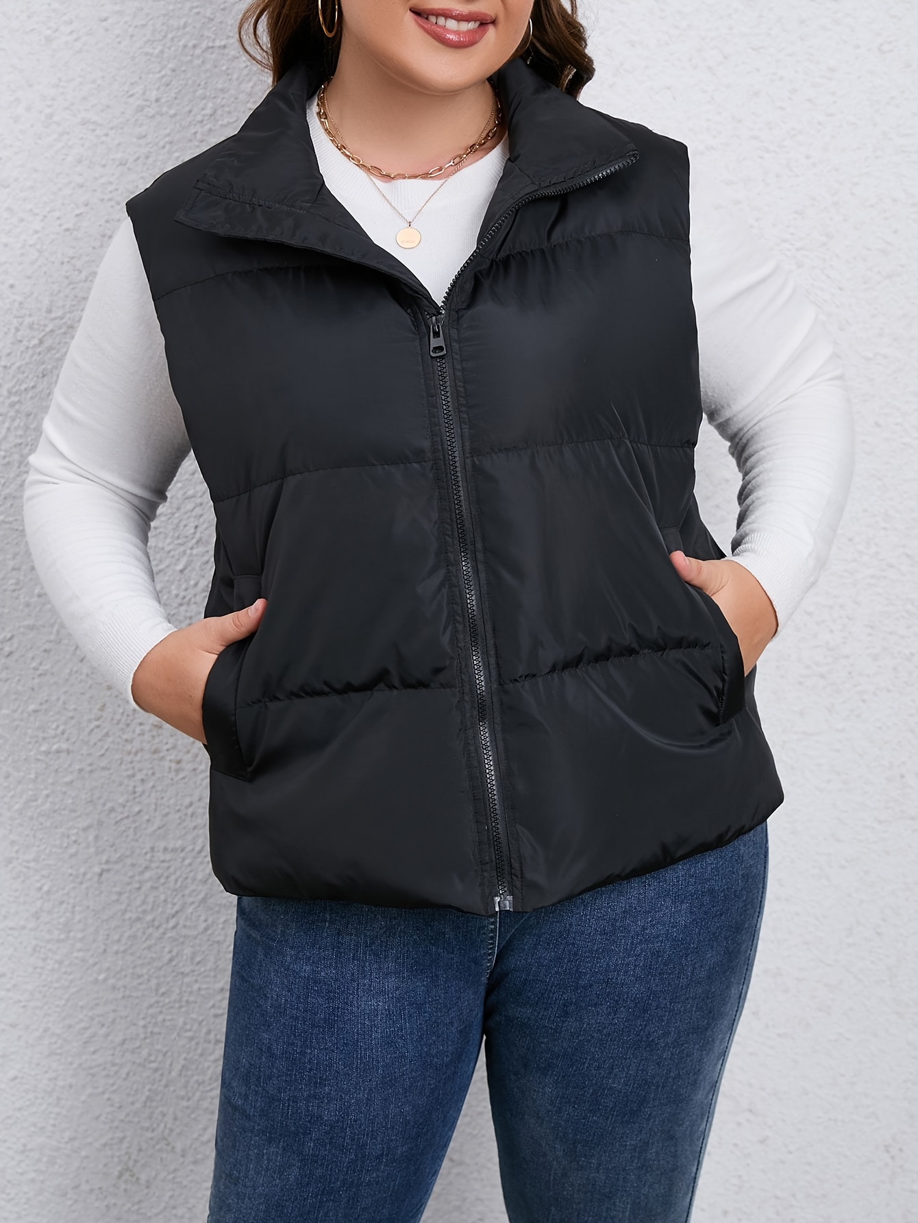 plus size casual down coat womens plus solid quilted zip up lapel collar down vest with pockets