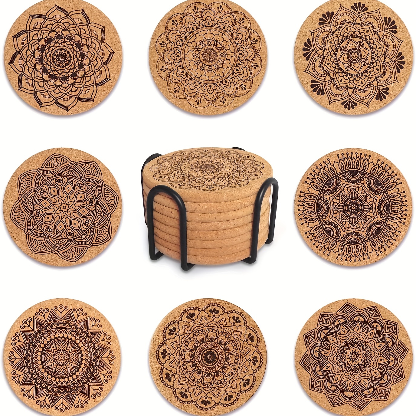 Mandala Pattern Wooden Coaster Boho Round Cork Coaster For - Temu