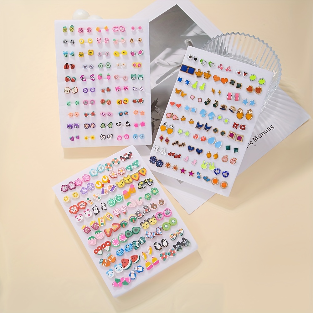 Boho Cartoon Stud Earrings Set Animal & Fruit Designs Colorful Resin
