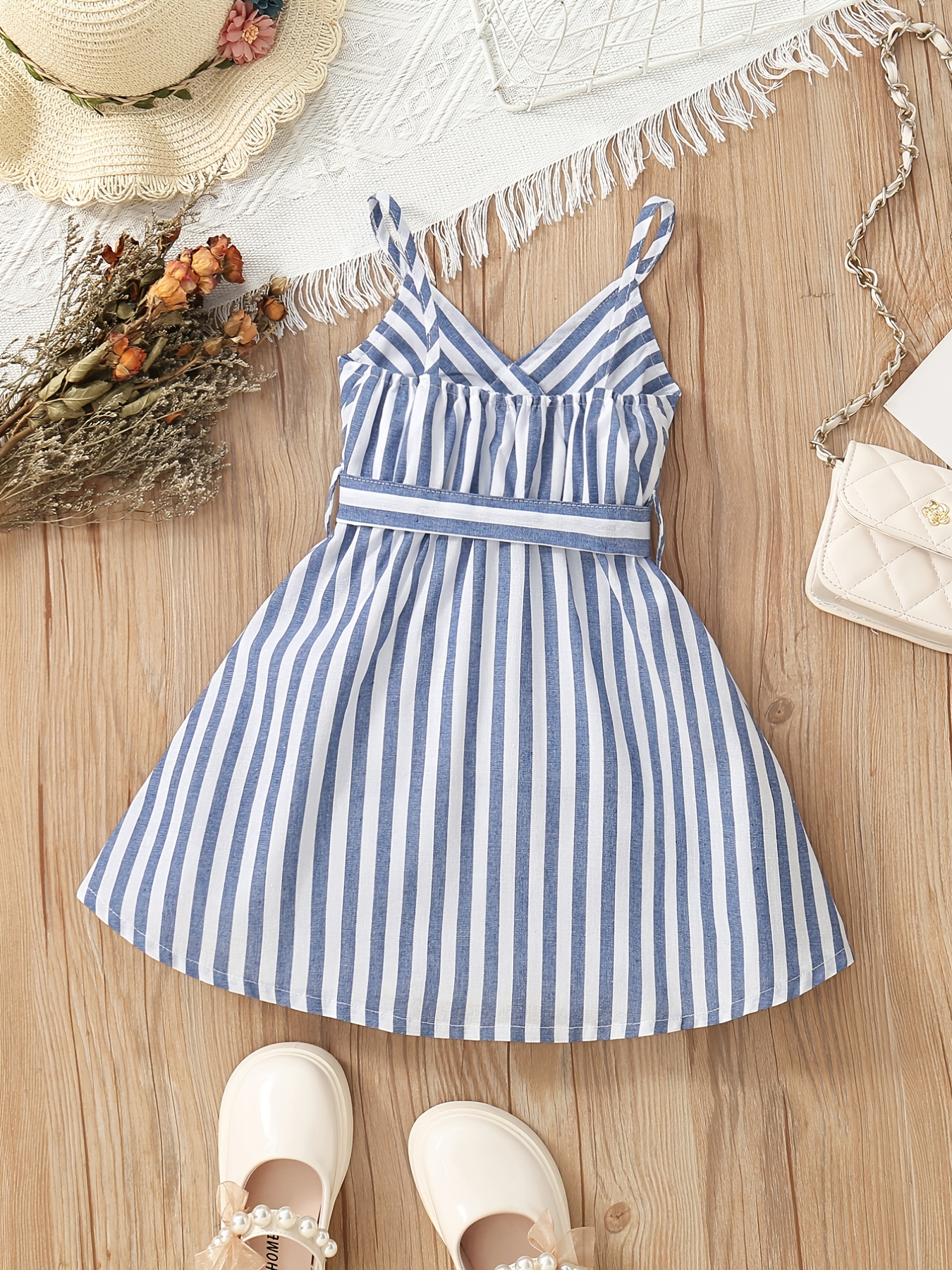 Girls Striped V-Neck Dress With Belt