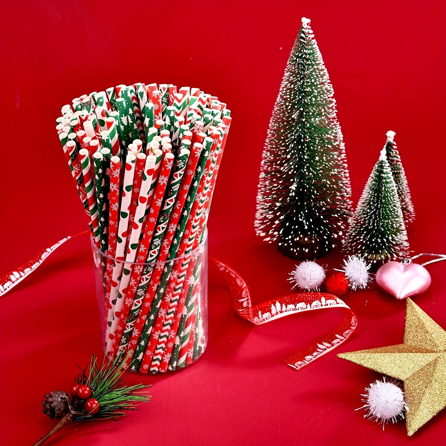 Christmas Red & White Candy Cane Print Party Straws 