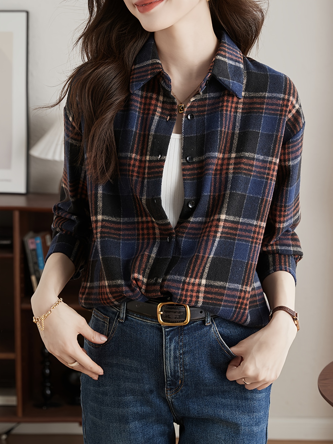 Plaid Print Drop Shoulder Shirt, Casual Button Front Shirt For Spring &  Fall, Women's Clothing