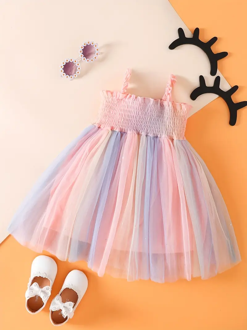 Baby Girls Casual Rainbow Thin Strap Mesh Dress Baby Girls Casual Rainbow Thin Strap Mesh Dress