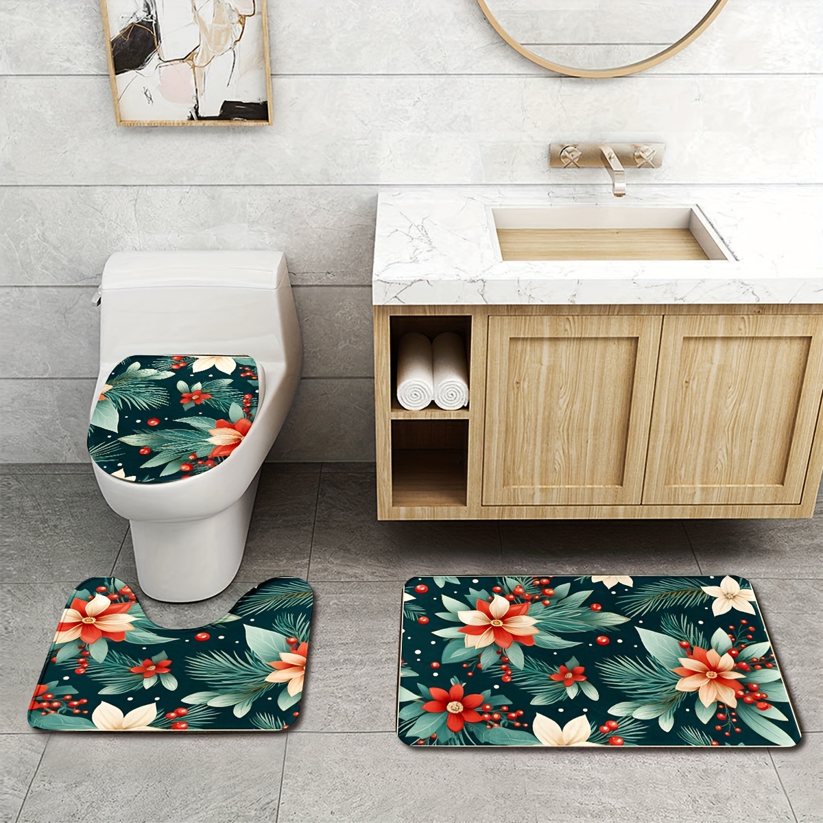 Christmas Pine Needles Flower Pattern Bathroom Rug, Bath Mats Set For  Bathroom, No Silp Washable Cover Floor Rug, Decorations For Bathroom  Bedroom, Set Includes Bath Rug, Contour Mat, And Toilet Lid Cover