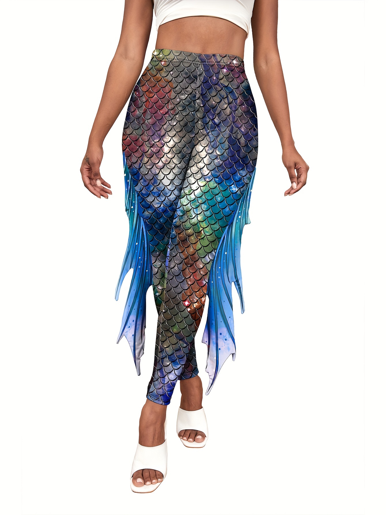Women Sexy Mermaid Fish Scale Hologram Stretch Soft Shine Leggings (Medium,  Dark Blue)