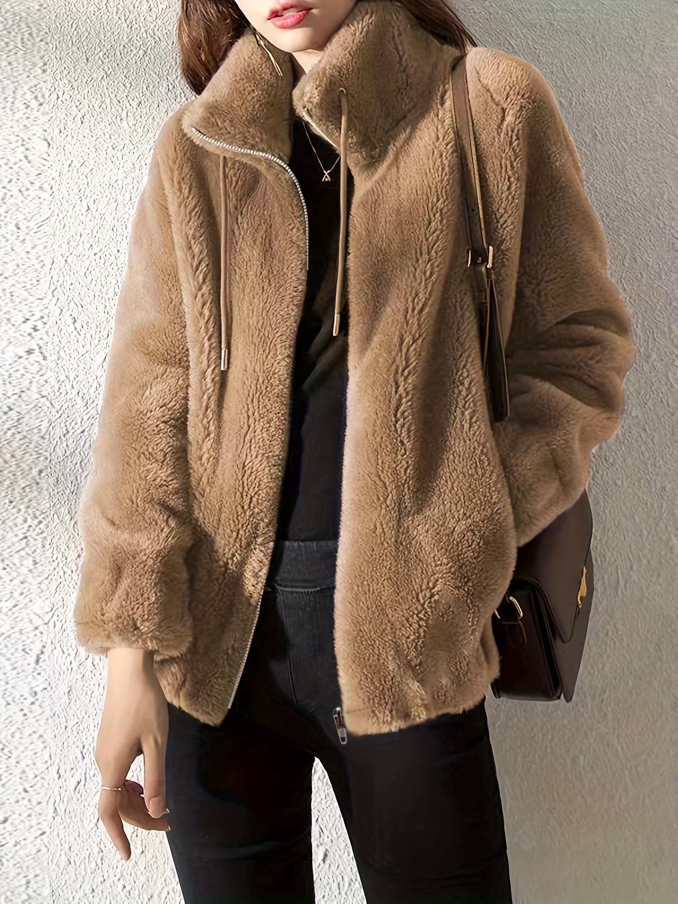 Drawstring Teddy Coat Casual Zip Long Sleeve Warm Outerwear - Temu