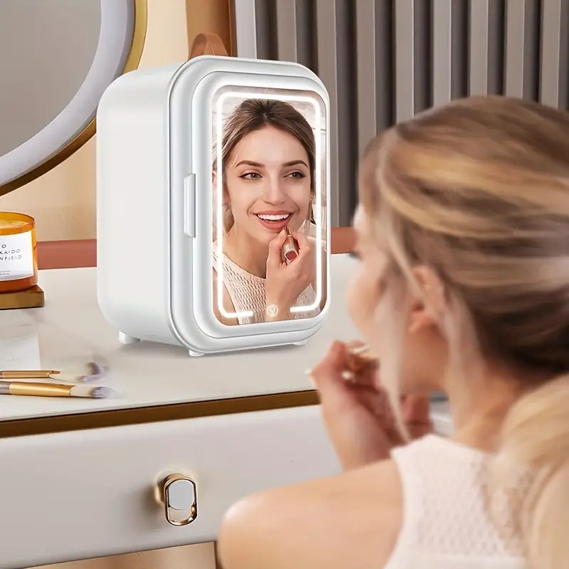 9l mini mirror refrigerator with dimmable led mirror design mini beauty mirror skin care products cooler car home dual use portable small refrigerator hot and cold use silent low power smart touch screen mini fridge for bedroom office and car white details 1