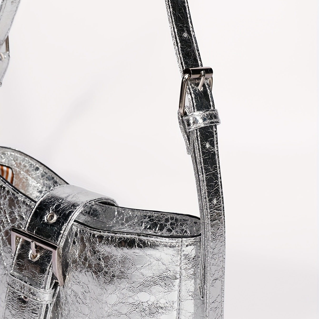PU Leather Buckle Decor Shoulder Bag with Silver Zipper