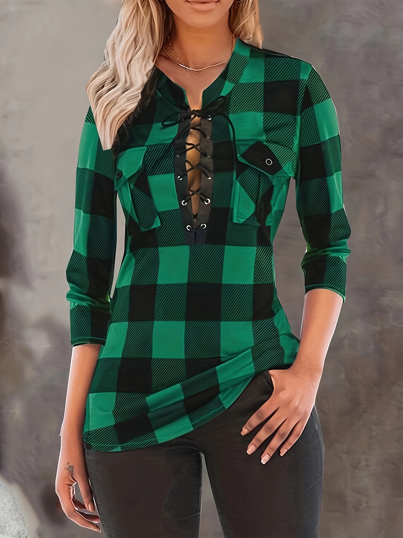 Plaid Color Block Blouse, Casual Long Sleeve V-neck Blouse, Casual Every  Day Tops, Women's Clothing