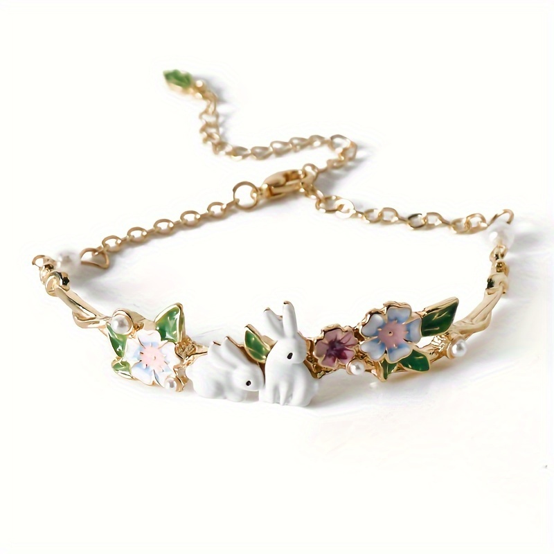 Cute Rabbit & Flower Decor Bracelet, Adjustable Hand Jewelry, Easter Gift