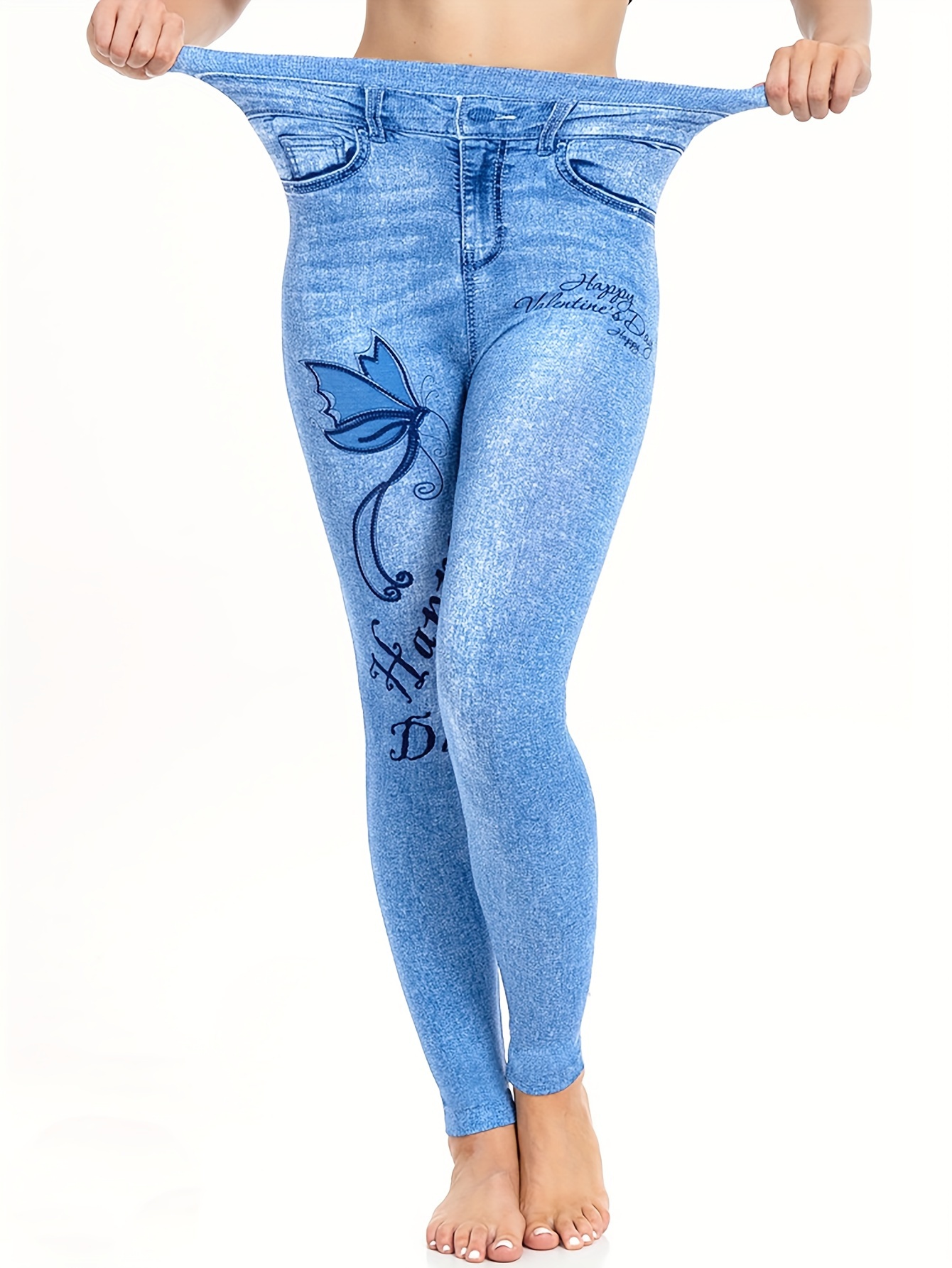 Fashion {MijaGrace} Women's High Elasticity Denim Printed LEGGINGS - Blue