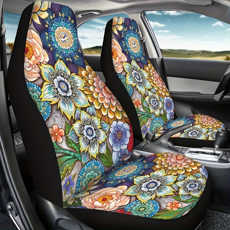 Boho Ethnic Floral Car Seat Covers Vehicle Protector Front Seats Protector Cushion  Car Accessories Stretchy Seat Cover For Women - Temu