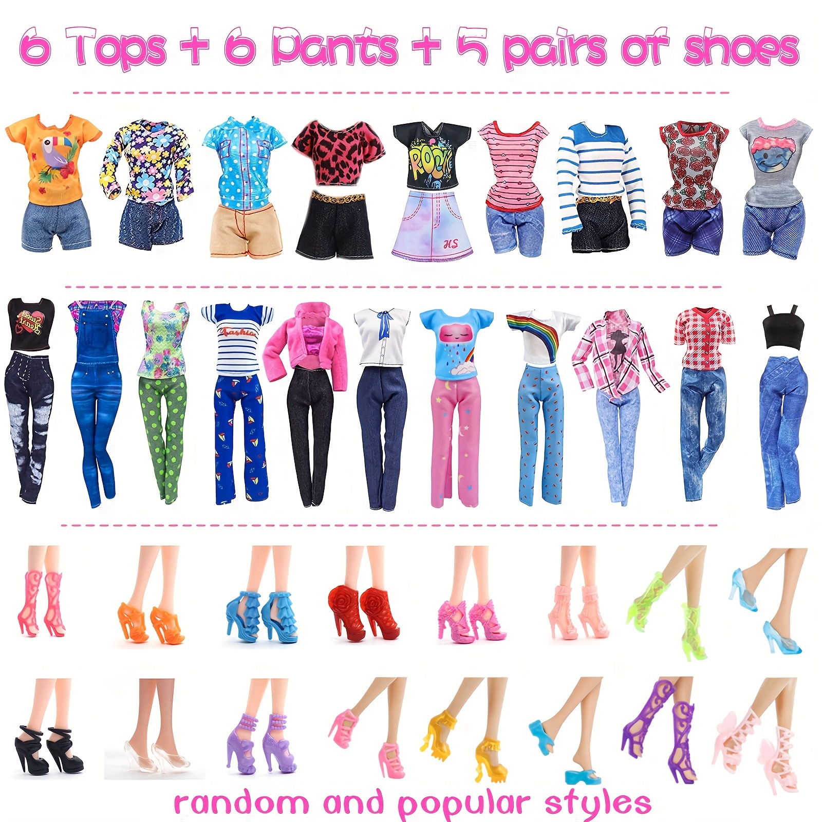 50 Pcs Doll Clothes Outfit for Barbie Doll, 11.5 inch Doll Accessories Collection with 3 Princess Dresses+10 Dressest+6 Tops+6 Pants+5 Bikinis+5