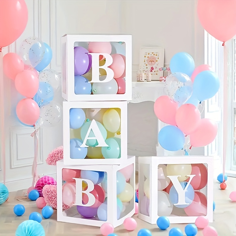 Decoraciones de baby shower para niños, 4 cajas de bebé con letras para  baby shower, cajas de globos transparentes, bloques de fondo para baby  shower