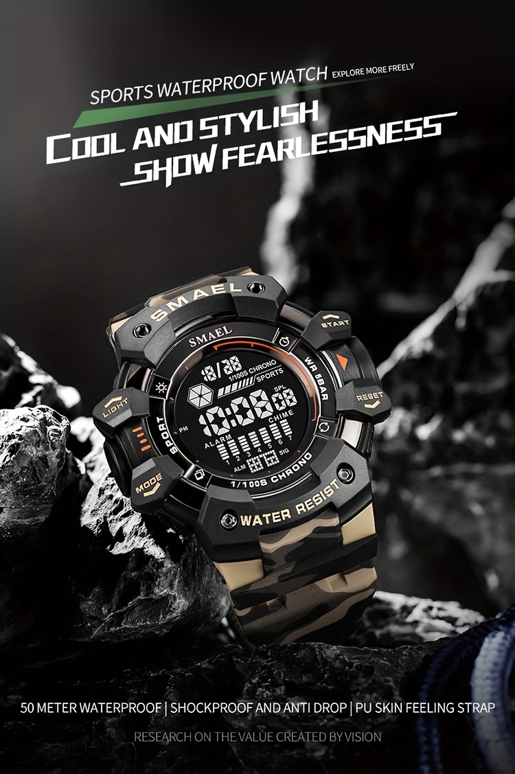   sports digital wristwatch for outdoor mountaineering led night light multifunctional alarm calendar watch with large dial camo strap details 0