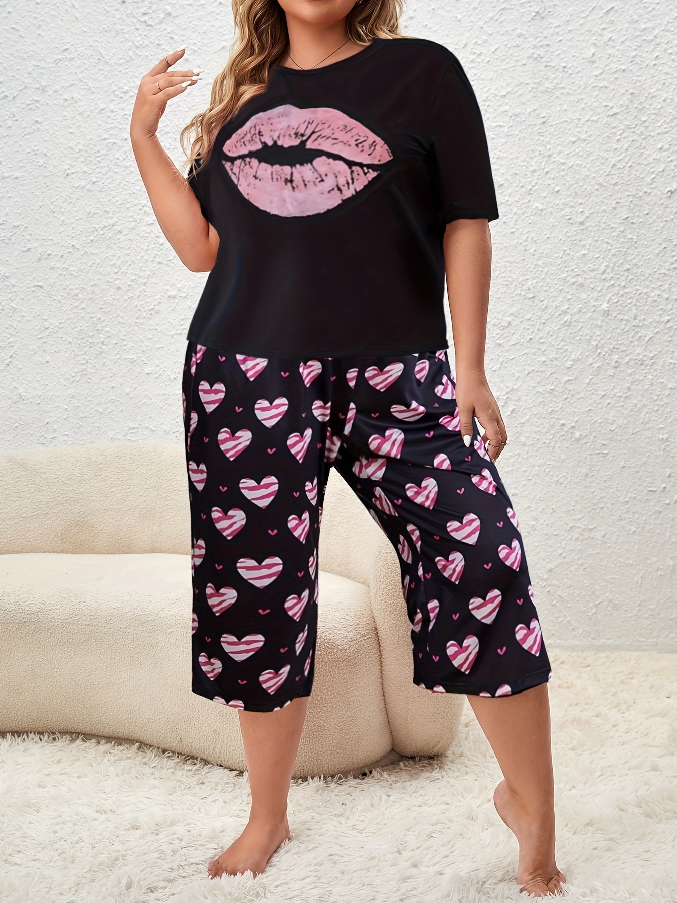 Plus Size Casual Pajamas Set Women's Plus Lip Striped Heart - Temu