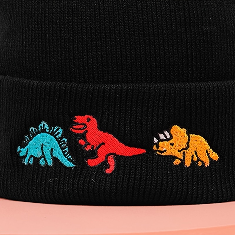 Dinosaur Embroidery Graphic Beanie Hat Solid Color Cartoon - Temu