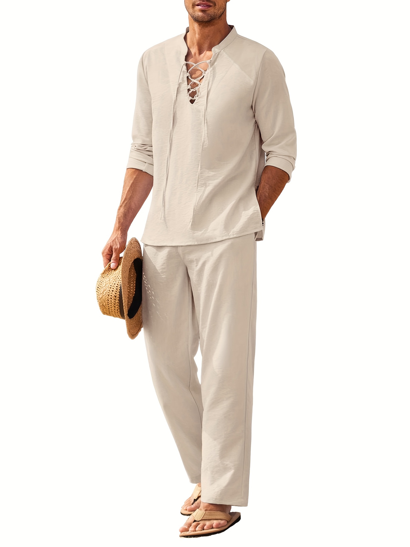 Summer Cotton Linen Shirt Set Men's Casual 2-Piece Suit Pajamas Short  Sleeve Set