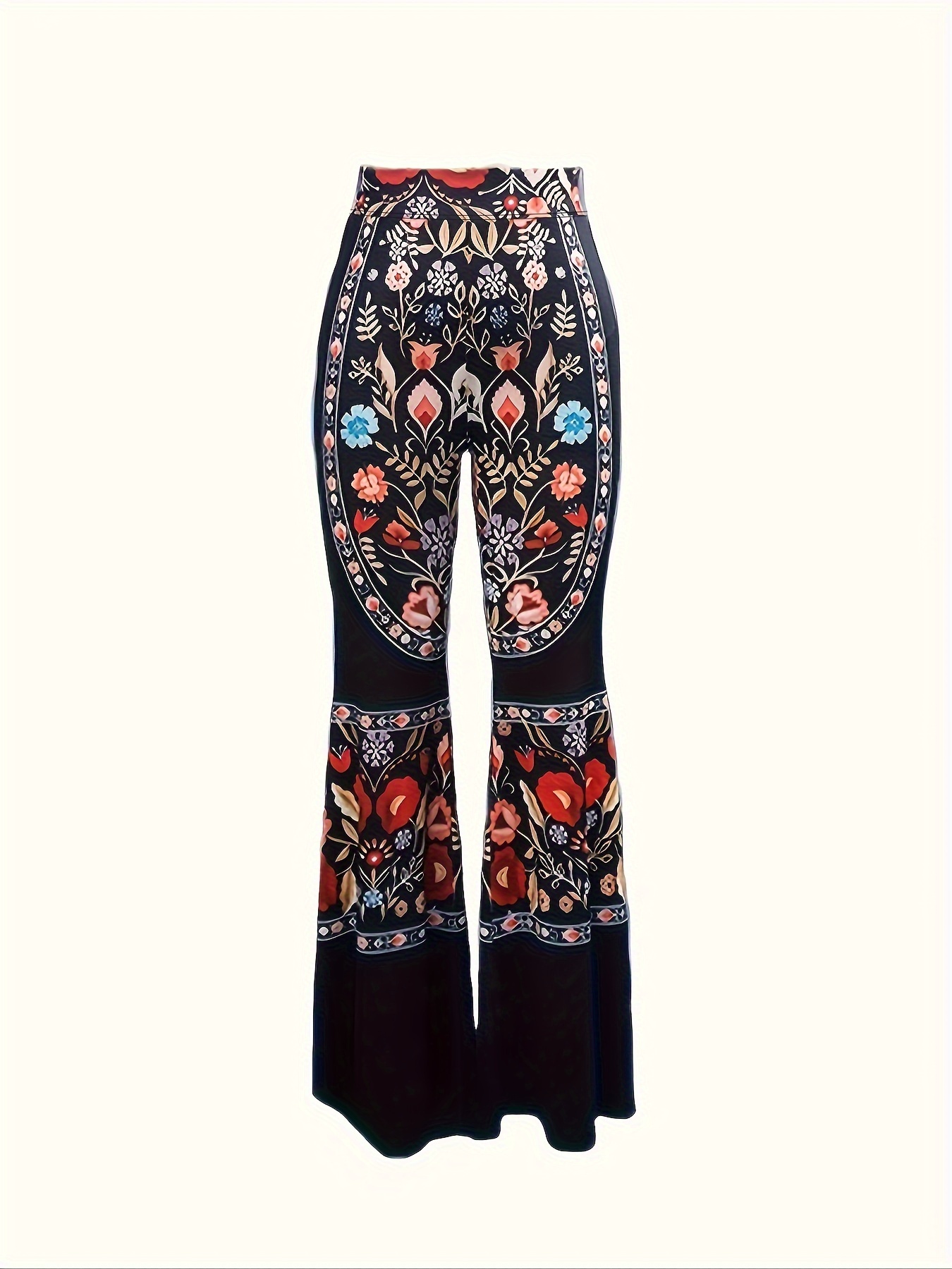 Floral Print Color Block Bootcut Pants Casual High Waist - Temu