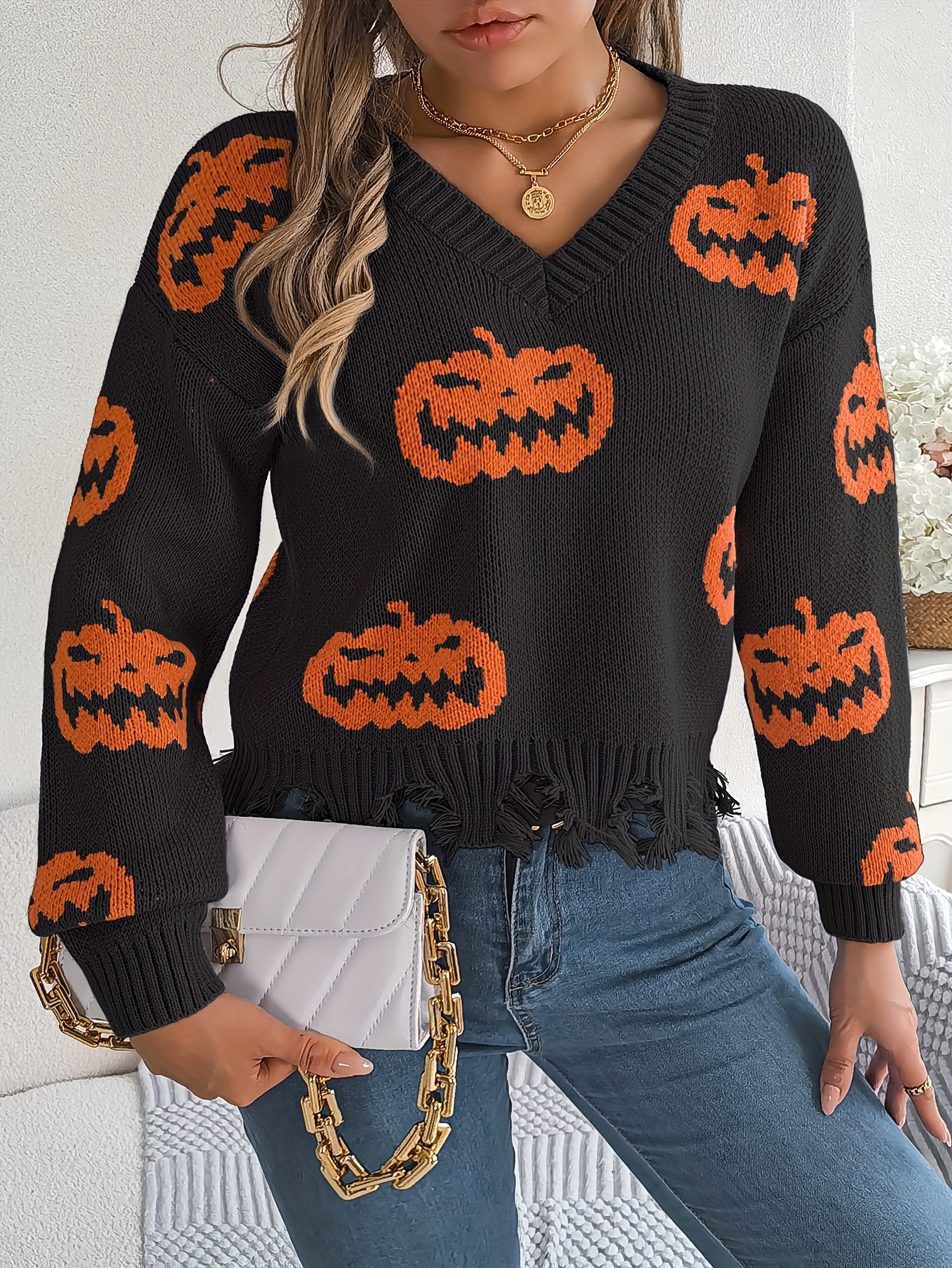 Pull Halloween Femme Avec Yeux Imprimés - Color Block, Poches, Manches Longues, Taille Grande, Décontracté - 8