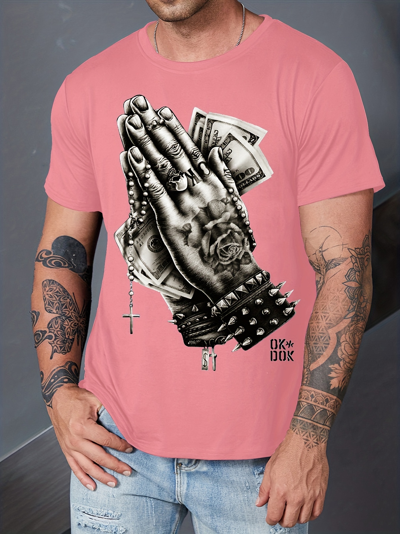 Men's Praying Hand Pattern Print Trendy T-shirt, Crew Neck Short