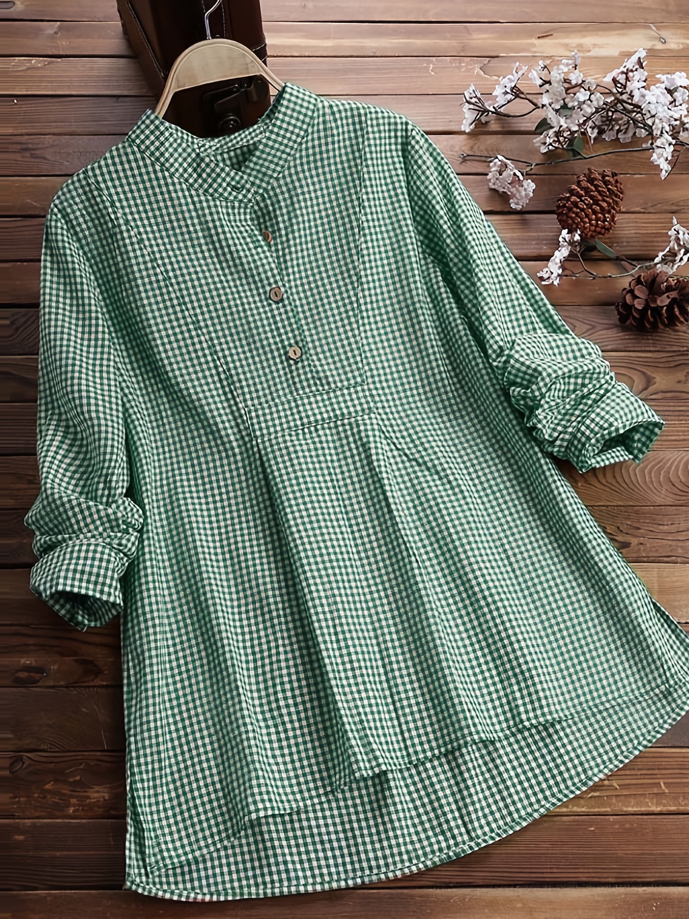 Plus Size Button Front Gingham Pattern Casual Blouse Women's - Temu