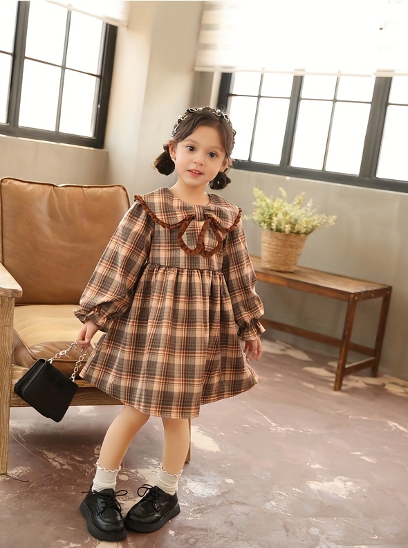 Elegant Girls' Plaid Long Sleeve Ruffle Trim Collar Dress Kids Clothes For  Spring Fall Party