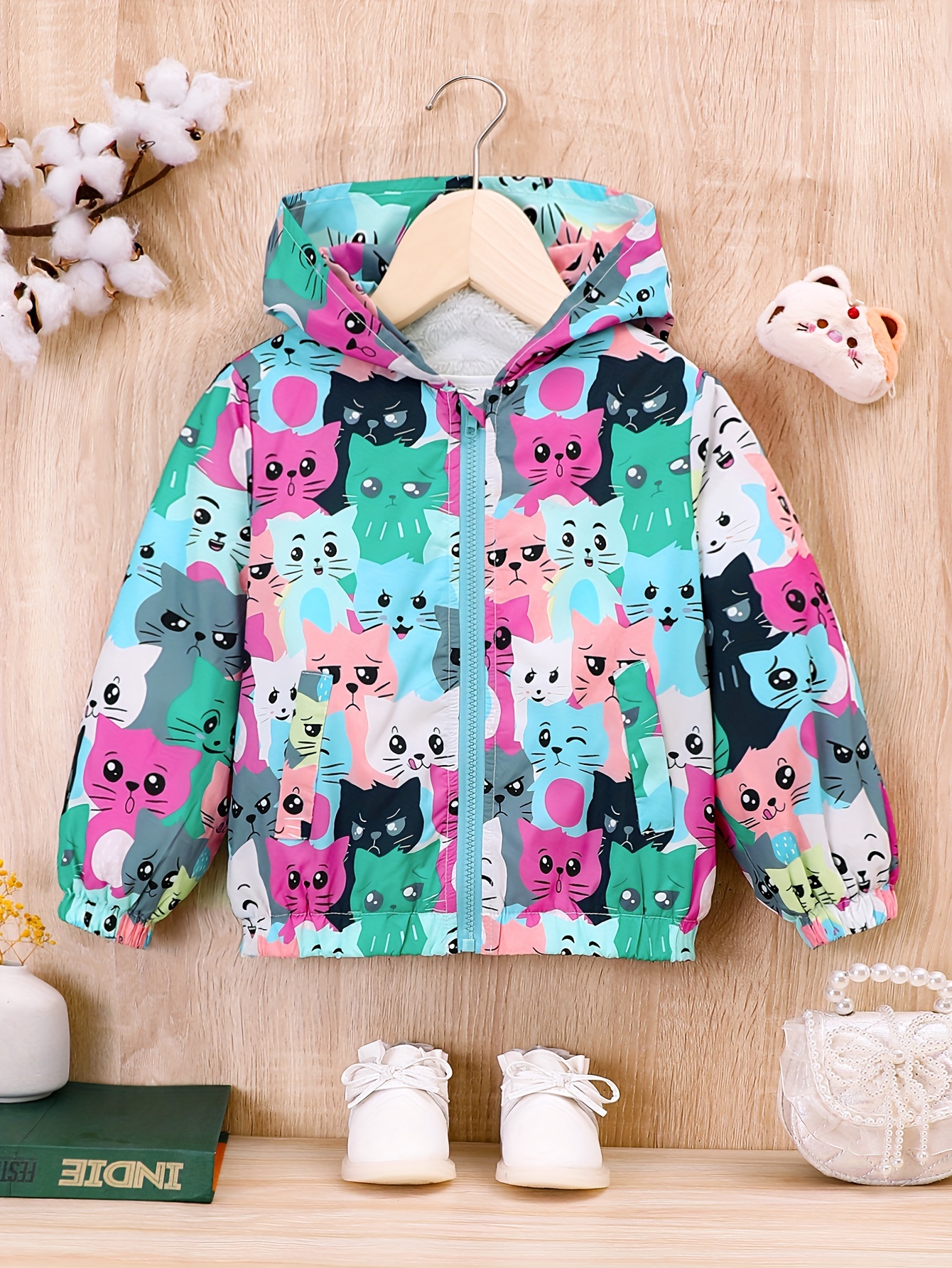 Girls Kitty Print Plush Fleece Liner Winter Warm Hooded - Temu