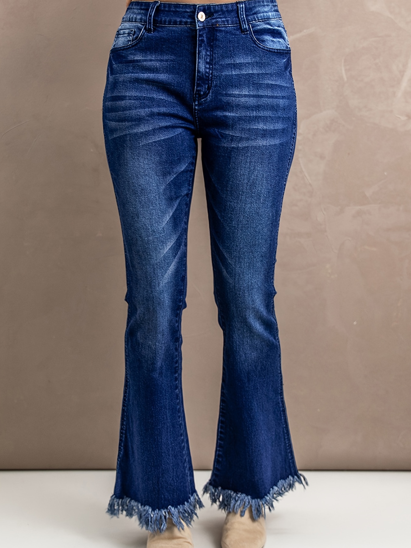 Blue Water Ripple Embossed Flare Jeans Slant Pockets High - Temu