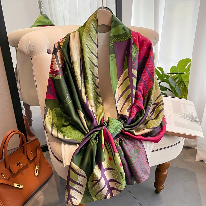 

Stylish Colorful Tree Leaf Print Scarf Imitation Silk Satin Large Shawl Casual Travel Sunscreen Beach Towel