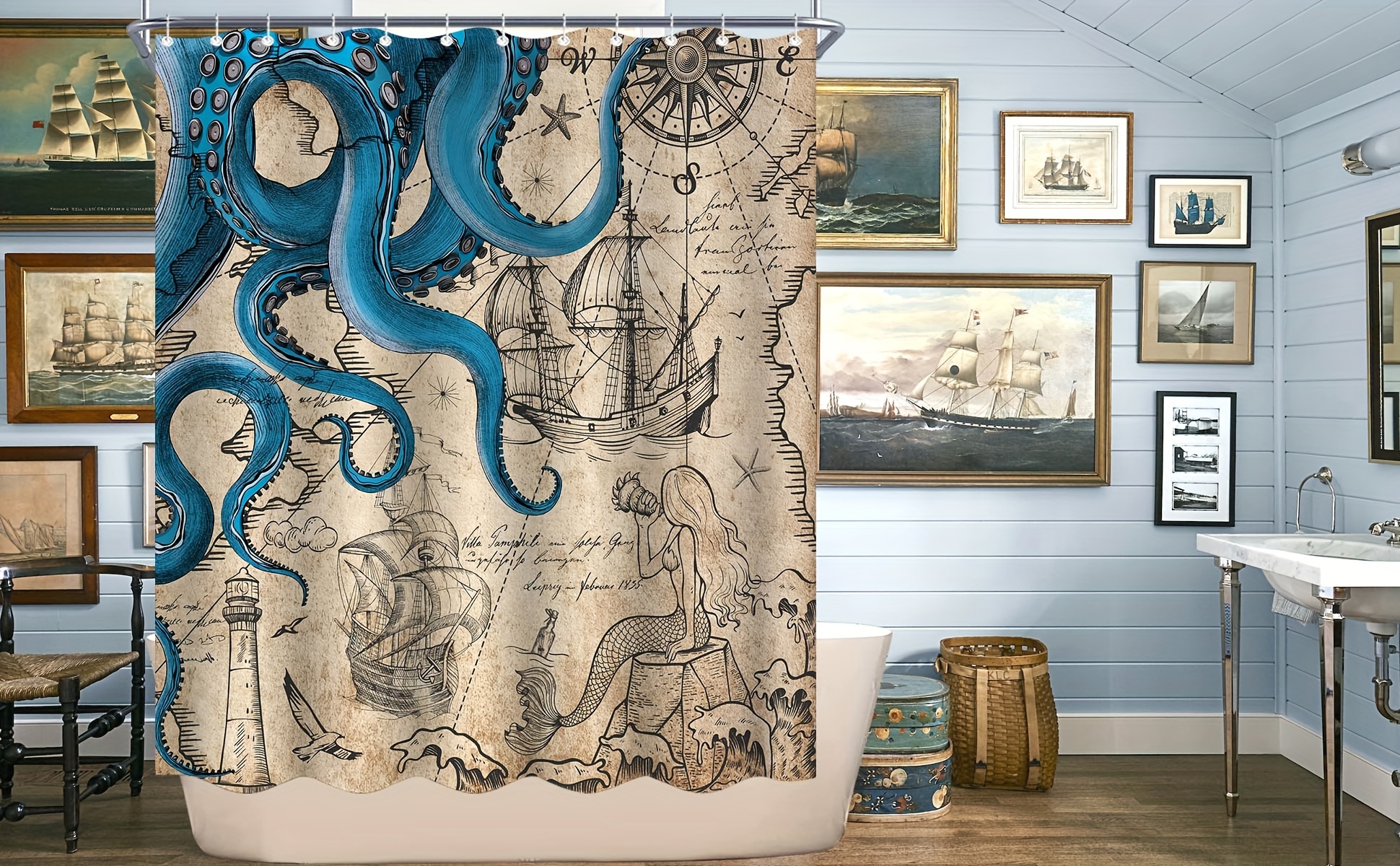 Vintage Nautical Octopus Shower Curtain Navy Blue Mermaid - Temu