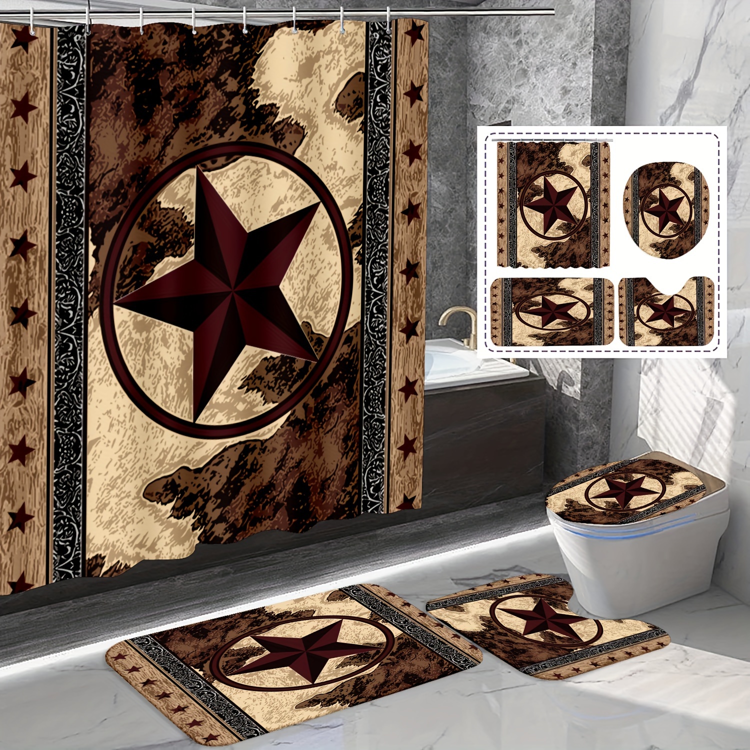 Western Texas Star Printed Shower Curtain Set Waterproof - Temu