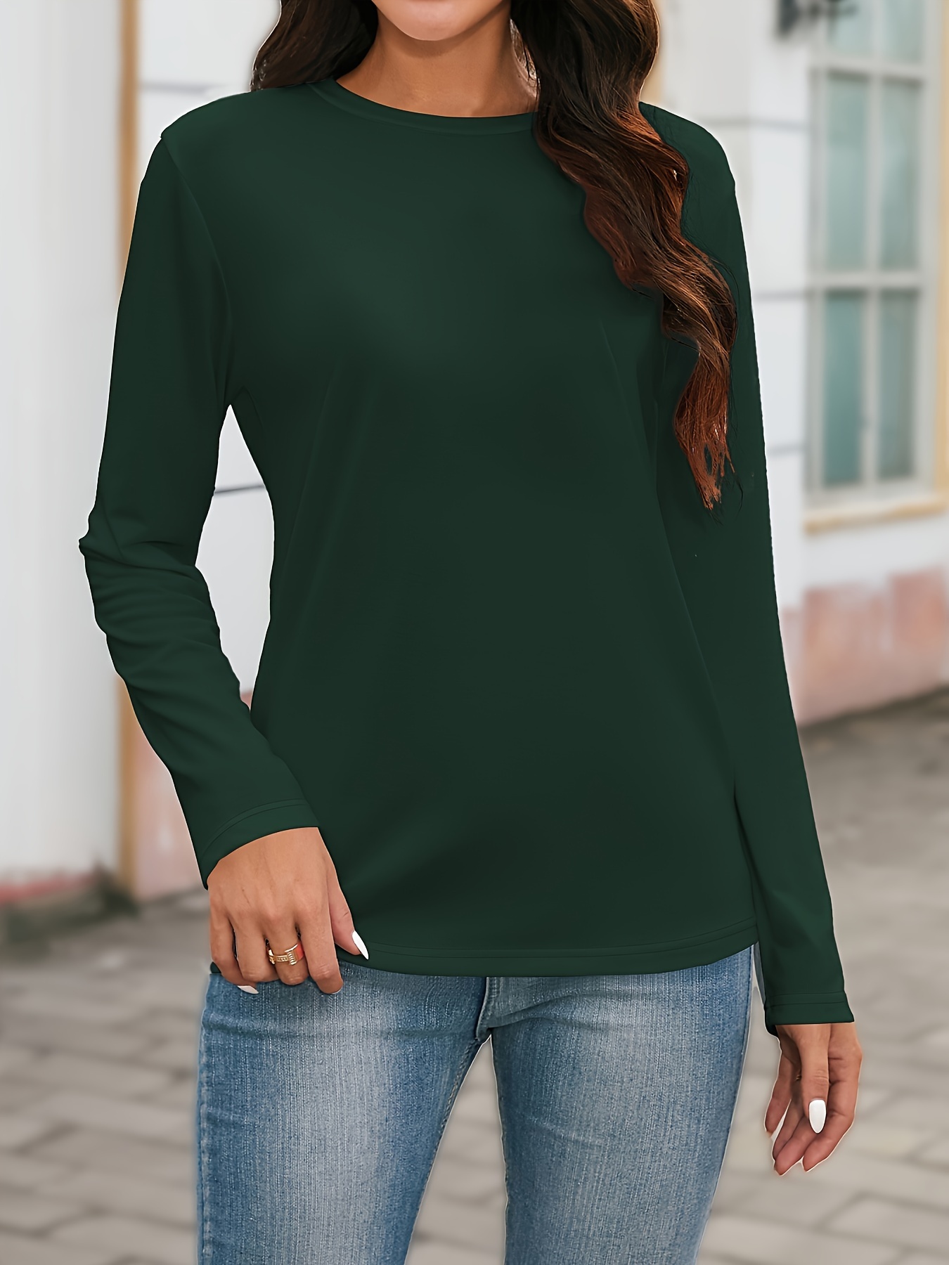 plus size simple solid t shirt casual crew neck long sleeve t shirt womens plus size clothing dark green 3