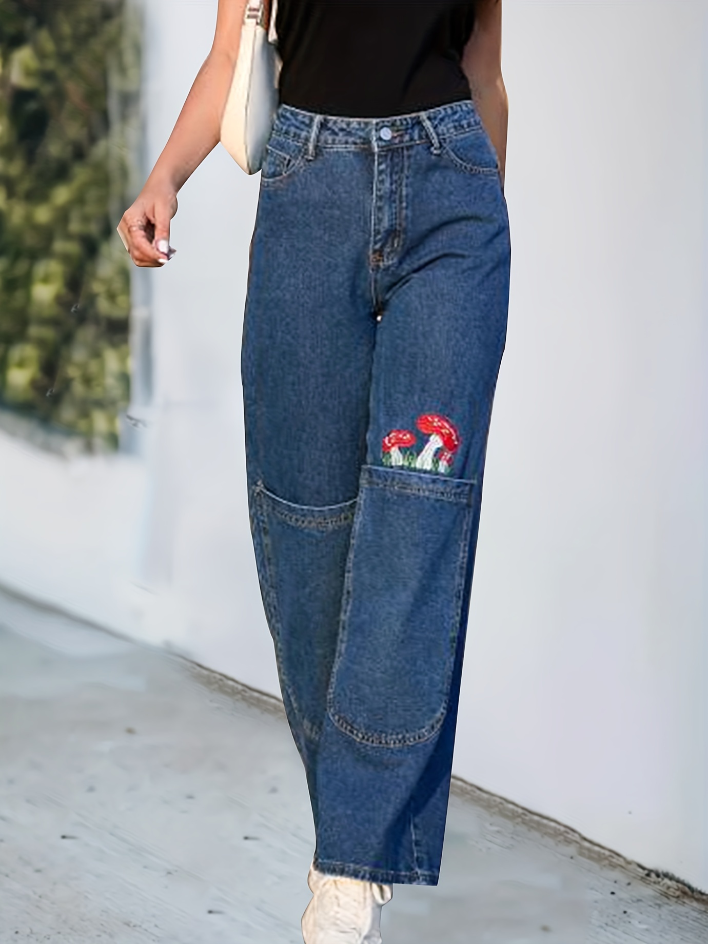Blue Mushroom Print Straight Jeans Wide - Fit Germany Temu Legs Loose